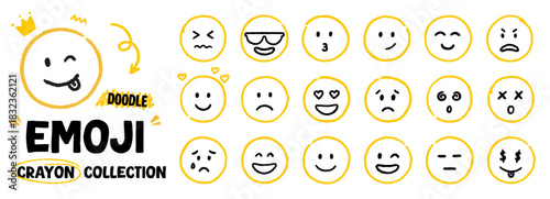 Crayon smile emoji face doodle set. Hand drawn chalk icons with emotions, kids charcoal stickers in sketch style. Vector illustration isolated on white background