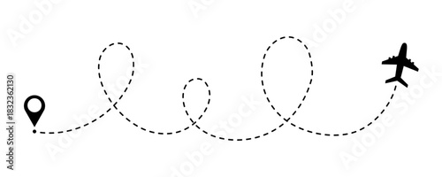Airplane flight path doodle icon. Dotted map route for travel and journey, dash line air plane route. Vector illustration isolated on white background