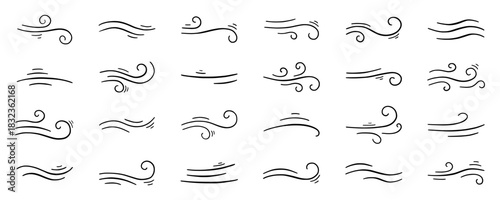 Wind air and swirl line doodle icons set. Motion and speed effect, air flow symbols and blow waves in sketch style. Hand drawn vector illustration isolated on white background