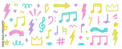 Chalk musical notes doodle set. Punk rock crayon pencil elements in sketch style. Grunge texture. Hand drawn vector illustration isolated on white background.