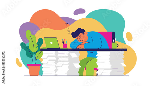 Burnedout employee sleeping on a desk covered in massive stacks of paperwork