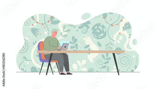 Man working on tablet device sitting at a desk against a whimsical decorative wall pattern