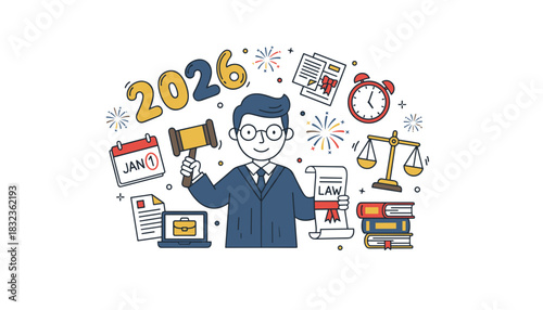 Happy New Year 2026 concept lawyer law justice gavel and documents graphic illustration
