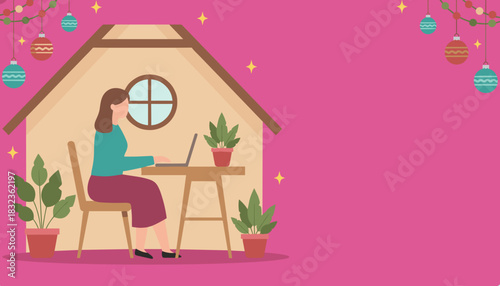 Woman works remotely on laptop at home during the Christmas holiday season Vector illustration