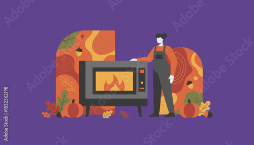 Person with modern fireplace and autumn decor Home heating and fall comfort vector art