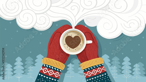 Hands in mittens hold a warm coffee with a heart on a snowy winter day in the forest
