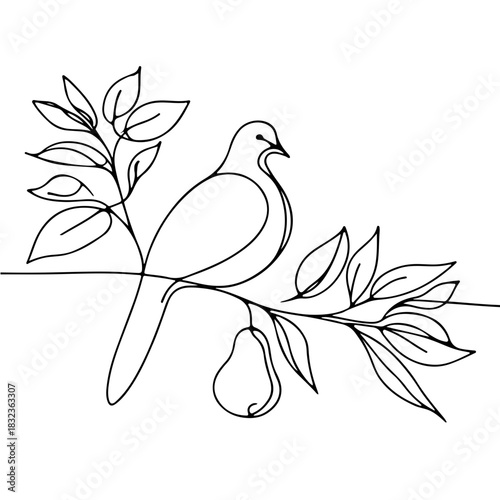 Cuckoo on pear tree branch single line illustration