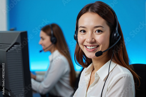 Smiling young Asian female customer support agent wearing a headset works at a computer in a modern office with a colleague blurred in the background