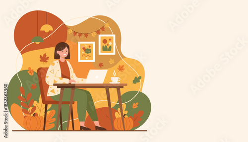 Happy woman working remotely on a laptop in a cozy autumn home office flat vector illustration