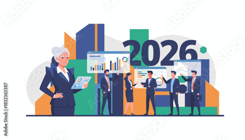 Corporate team analyzing data screens for 2026 strategic planning and business growth goals