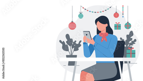 Professional woman using phone at Christmasdecorated desk Holiday communication and online shopping