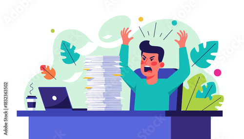Overworked man screaming in frustration due to massive paperwork and deadlines Stress and burnout concept