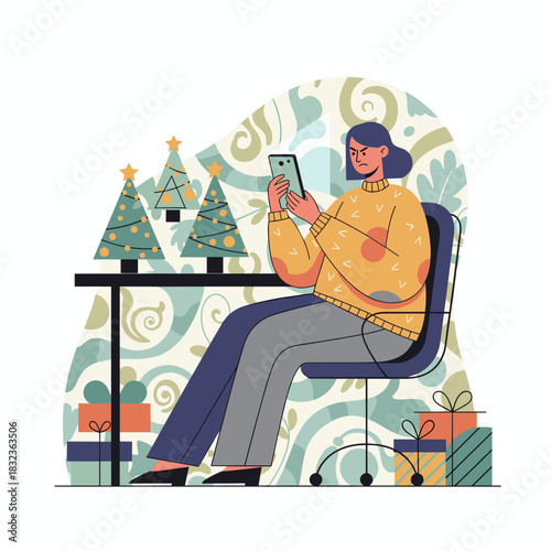 Holiday stress Upset woman uses smartphone next to Christmas trees and presents