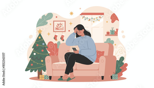 Holiday anxiety Stressed woman on the couch checking her smartphone next to a Christmas tree