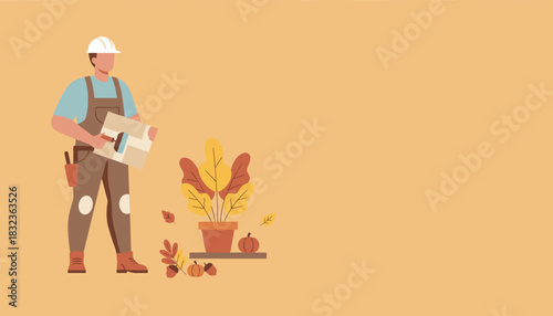 Fall home repair concept Worker in uniform with tools and autumn plants vector illustration