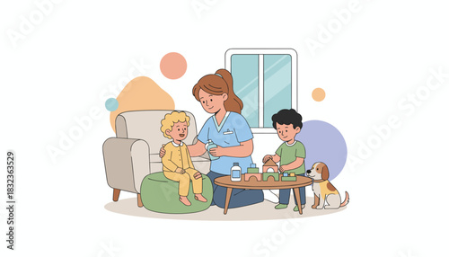 Childcare professional with kids playing blocks Illustrating home health early education and family support