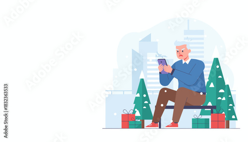 Angry senior man struggles with smartphone technology outdoors during winter holidays Digital struggle illustration