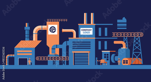 Industrial factory complex illustration with production lines and workers Manufacturing concept