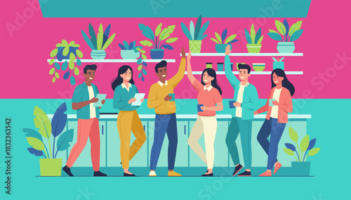 Diverse team celebrates success with highfives in a modern plantfilled office break room Vector illustration