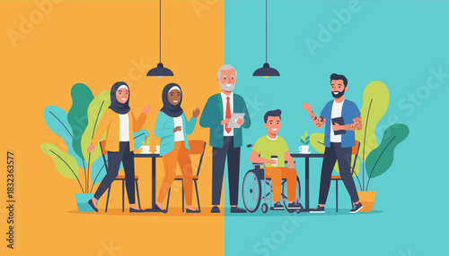 Diverse group meeting in a modern cafe showcasing inclusion teamwork and accessibility in the workplace