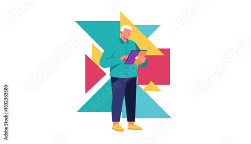 Man using a tablet device against a vibrant geometric background Business education or lifestyle illustration