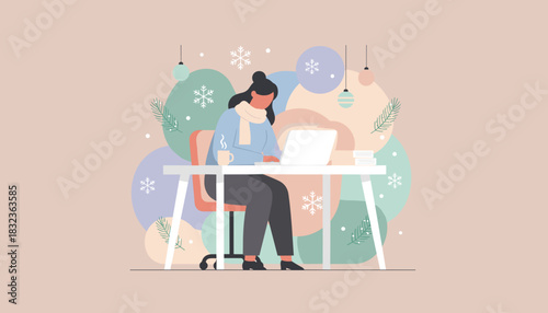 Woman working on laptop in a cozy decorated winter home office with coffee Remote work productivity