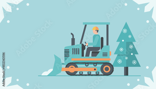 Professional driver operating a snowplow bulldozer clearing winter snow Flat vector illustration