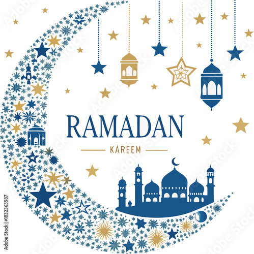 Ramadan Kareem crescent moon with stars and lanterns creating a festive Islamic holiday design