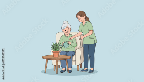 Caregiver assisting senior woman with watering plant illustrating compassionate elderly care