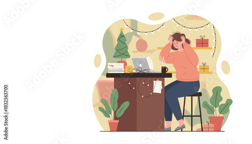 Overwhelmed woman suffering from holiday burnout while working at her home office desk