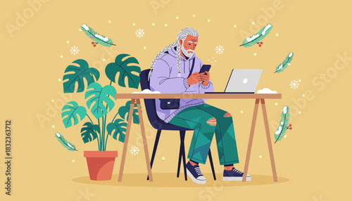Modern senior man working from home on his phone surrounded by winter and indoor plants