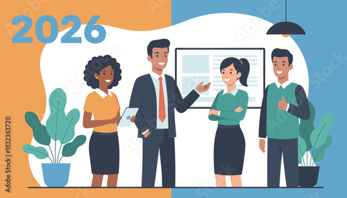 Professional business team collaborating on goals for the year 2026 Vector illustration