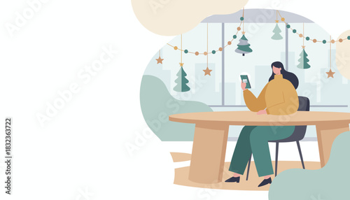 Woman uses smartphone at decorated desk in office managing holiday plans or shopping online