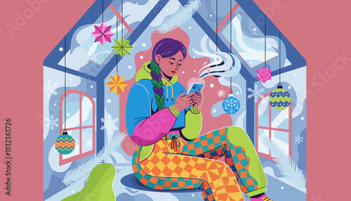 Young woman uses smartphone in a colorful festive greenhouse during winter snowfall