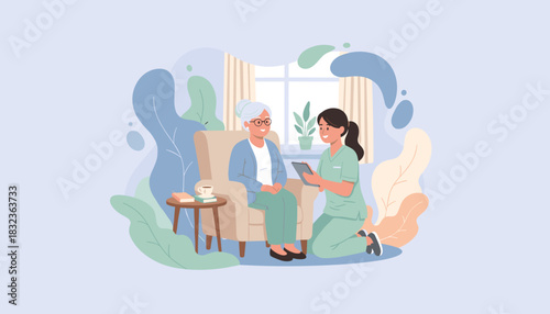 Home care Nurse assists smiling senior woman with digital health checkup