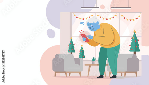 Senior man stressed using smartphone during Christmas holidays