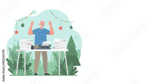 Overwhelmed senior man buried in holiday work deadlines and paperwork stacks