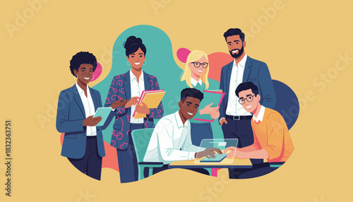 Professional and diverse team working together on technology and paperwork