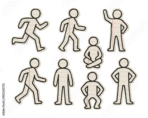 Dynamic set of simple stick figure poses ideal for fitness illustrations, team-building workshops, and creative designs.