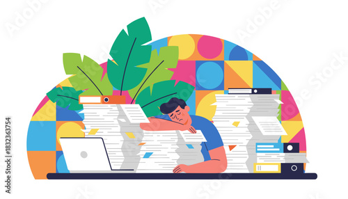 Employee suffering burnout overwhelmed by massive paperwork piles and office stress