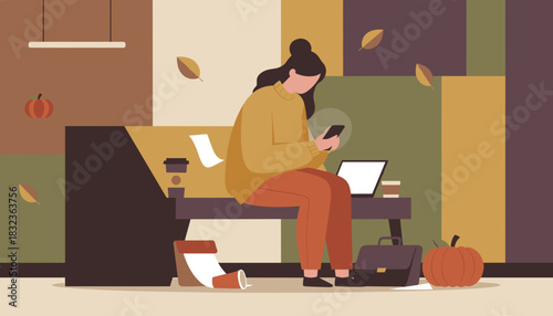 Woman using smartphone and laptop in a cozy autumnal home office Digital communication and remote work