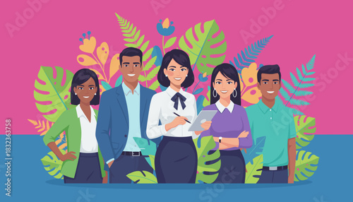 Diverse business team smiling against a bright botanical background Teamwork concept
