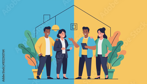 Agents and clients collaborate on house purchase or real estate investment