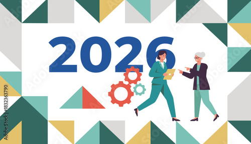 Intergenerational business teamwork and strategy illustrated with 2026 and gears