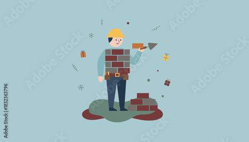 Festive construction worker building a brick wall with tools and winter holiday elements