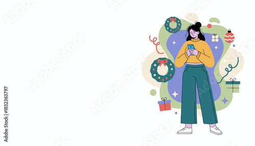 Stressed woman checks phone during the holidays surrounded by festive decor