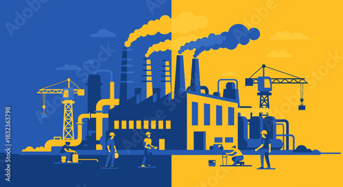Blue and yellow flat vector illustration of factory smokestacks and construction site workers