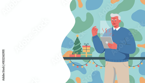 Angry senior man facing technology frustration with a tablet device during Christmas time