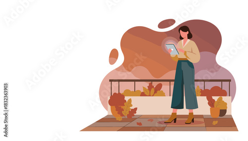 Casual woman uses tablet outdoors on a cozy autumn balcony