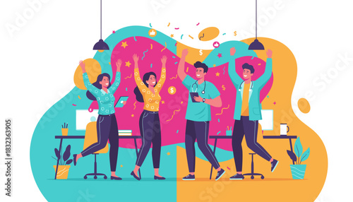 Diverse professional team celebrating success achievement and victory in the office setting